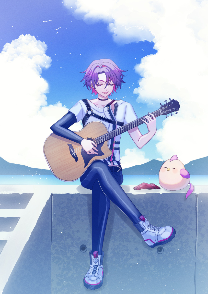 1boy absurdres acoustic_guitar asymmetrical_sleeves bird chest_harness chicken choker closed_eyes crossed_legs day fang gloves guitar hair_intakes harness highres holding holding_guitar holding_instrument instrument layered_sleeves long_sleeves male_focus multicolored_hair music nijisanji ocean open_mouth outdoors pink_hair playing_instrument purple_hair shirt shoes short_hair short_over_long_sleeves short_sleeves sitting sky smile sneakers solo t-shirt tsumurimai unworn_gloves virtual_youtuber watarai_hibari