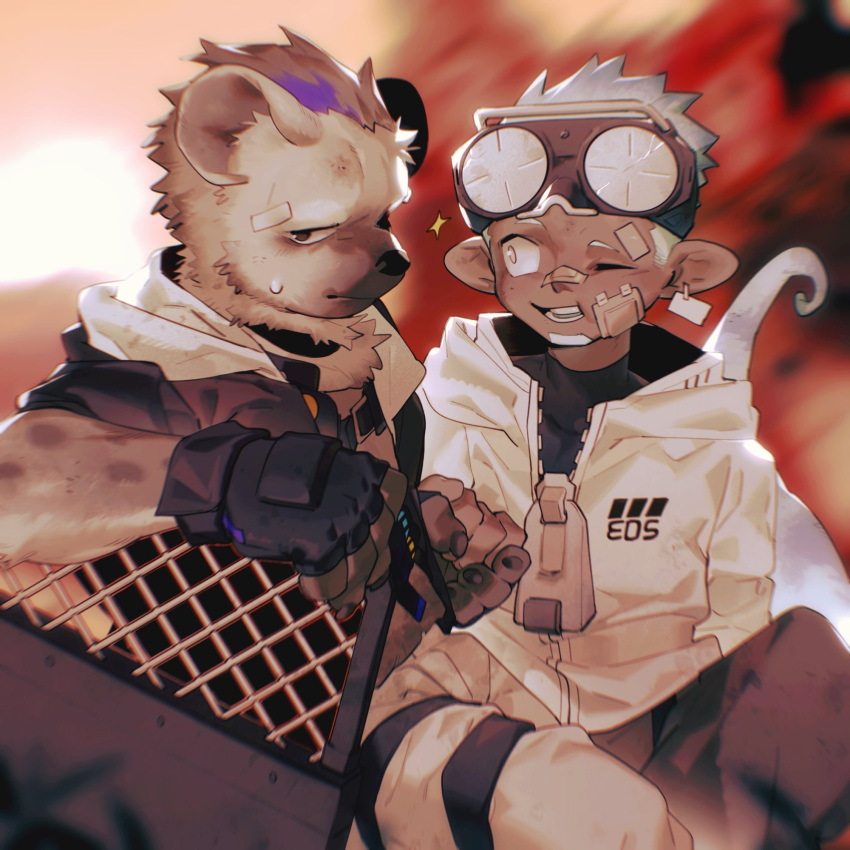 2boys arknights bandaid bandaid_on_face black_jacket chameleon_boy chameleon_tail earrings ethan_(arknights) fingerless_gloves furry furry_male gloves goggles goggles_on_head highres holding holding_hands holding_shield hood hooded_jacket hoodie hyena_boy hyena_ears jacket jewelry looking_at_another looking_at_viewer lqqq male_focus multicolored_hair multiple_boys one_eye_closed oversized_zipper pointy_ears shield single_earring sparks spot_(arknights) streaked_hair sweatdrop tail white_jacket