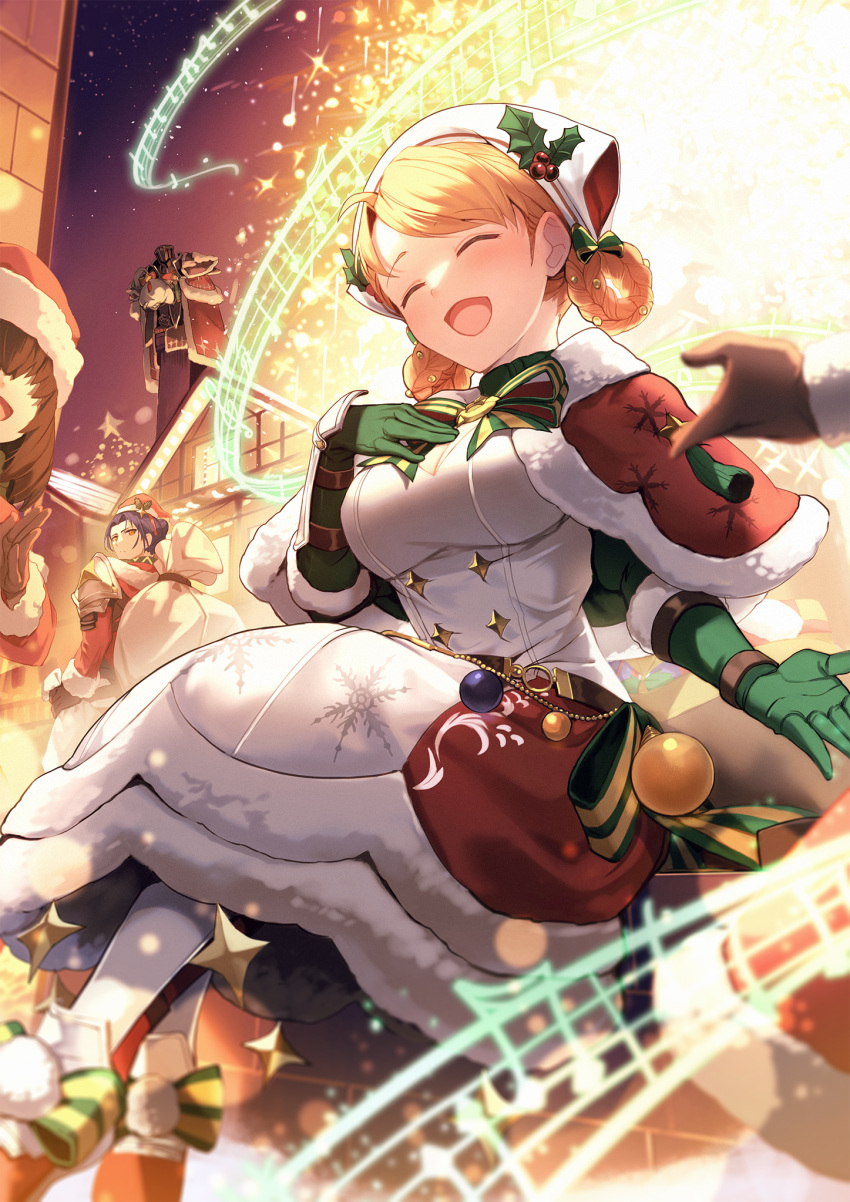 1other 2boys 2girls :d annette_fantine_dominic annette_fantine_dominic_(winter) armor bauble black_knight_(fire_emblem) black_knight_(winter)_(fire_emblem) bow braided_hair_rings breasts brown_hair christmas closed_eyes elbow_gloves felix_hugo_fraldarius felix_hugo_fraldarius_(winter) fire_emblem fire_emblem:_three_houses fire_emblem_heroes full_armor gloves green_gloves hand_on_own_chest highres looking_back mistletoe multiple_boys multiple_girls music musical_note nakabayashi_zun night night_sky official_alternate_costume orange_hair out_of_frame purple_hair sack santa_capelet sky smile snowflake_print solo_focus striped striped_bow yellow_eyes