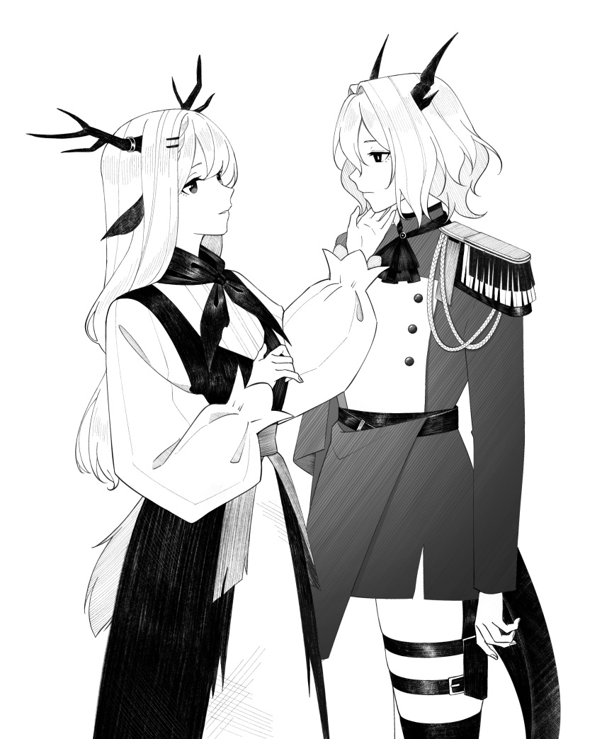 2girls absurdres alina_(arknights) animal_ears antlers arknights ascot avi_(baltika_seven) cowboy_shot deer_antlers deer_ears deer_girl deer_tail dragon_girl dragon_horns dragon_tail dress epaulettes greyscale hair_ornament hairclip hand_on_another's_chin highres horns long_hair long_sleeves monochrome multiple_girls neckerchief official_alternate_costume pinafore_dress short_hair simple_background sleeveless sleeveless_dress tail talulah_(arknights) talulah_the_fighter_(arknights) thigh_strap very_long_hair white_background