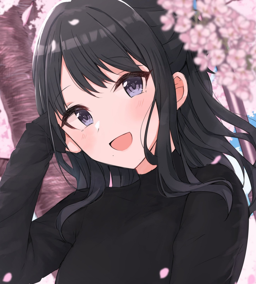 1girl black_hair black_shirt blurry blurry_foreground blush breasts cherry_blossoms dot_nose falling_petals hand_on_own_face hand_up hanetsuka highres idolmaster idolmaster_shiny_colors kazano_hiori long_hair long_sleeves looking_at_viewer mole mole_under_mouth open_mouth outdoors petals ponytail shirt small_breasts smile solo upper_body violet_eyes