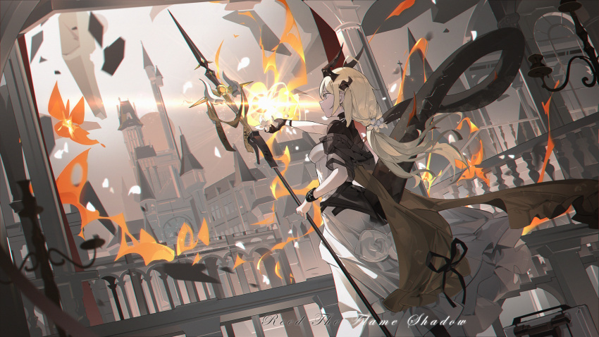 1girl absurdres arknights black_bracelet black_gloves black_pantyhose blue_eyes braid breasts candlestand cathedral character_name dragon_girl dragon_horns dragon_tail dress dutch_angle feet_out_of_frame fence flower from_behind gloves highres holding holding_flower holding_staff horns infection_monitor_(arknights) krao low_ponytail official_alternate_costume pantyhose reed_(arknights) reed_the_flame_shadow_(arknights) scenery single_braid small_breasts solo staff tail white_dress