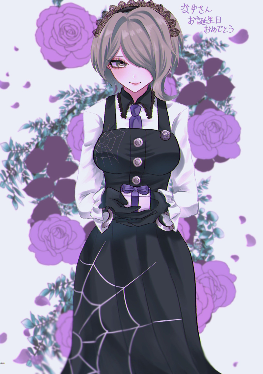 1girl absurdres black_dress black_gloves blonde_hair breasts buttons closed_mouth collared_shirt danganronpa_(series) danganronpa_v3:_killing_harmony dress flower frilled_shirt frills gift gloves hair_over_one_eyes highres holding holding_gift kamin_(0428hopelove) large_breasts long_sleeves looking_at_viewer maid_headdress pink_flower shirt smile solo spider_web_print tojo_kirumi translation_request white_background white_shirt
