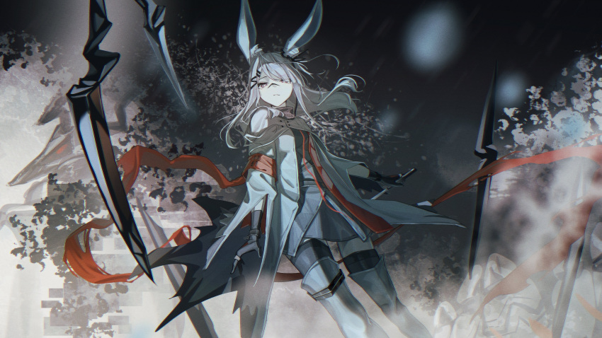 1girl absurdres animal_ear_fluff animal_ears arknights black_thighhighs blunt_bangs boots breasts closed_mouth coat cowboy_shot dress frostnova_(arknights) grey_dress grey_eyes grey_hair hair_ornament hair_over_one_eye hairclip highres holding holding_knife holding_weapon knee_boots knife long_hair looking_at_viewer natsuba002 rabbit_ears rabbit_girl scar scar_on_face scar_on_nose small_breasts solo thigh-highs weapon white_coat zettai_ryouiki