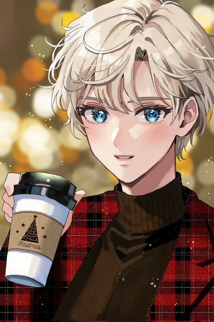 1girl bishoujo_senshi_sailor_moon blonde_hair blue_eyes brown_sweater christmas coat coffee coffee_cup cup disposable_cup highres koharumichi lips parted_bangs plaid plaid_coat red_coat short_hair smile solo sweater ten'ou_haruka turtleneck turtleneck_sweater very_short_hair