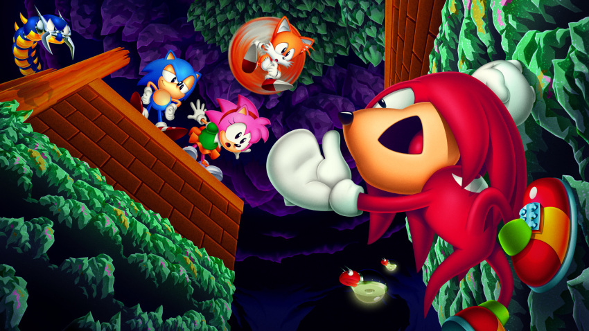 1girl 3boys amy_rose animal_ears cave cave_interior fox_ears from_below furry furry_female furry_male gloves highres knuckles_the_echidna looking_at_another multiple_boys open_mouth robot sonic_(series) sonic_the_hedgehog sonic_the_hedgehog_(classic) tail tails_(sonic) tyler_mcgrath white_gloves