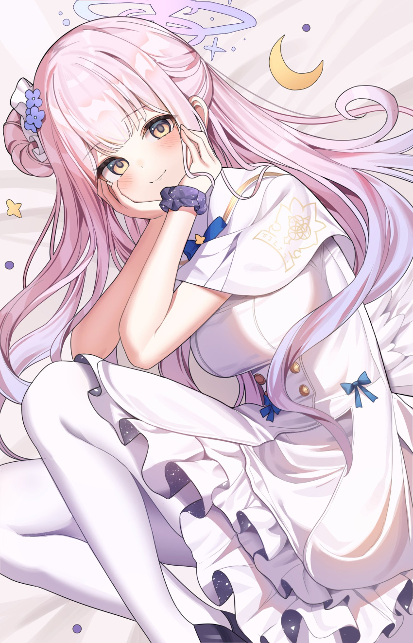 1girl absurdres bed_sheet blue_archive blush breasts capelet closed_mouth dress feathered_wings feet_out_of_frame frilled_dress frills hair_bun halo highres kakao346 long_hair looking_at_viewer medium_breasts mika_(blue_archive) pink_hair pink_halo single_side_bun smile solo white_capelet white_dress white_wings wings yellow_eyes