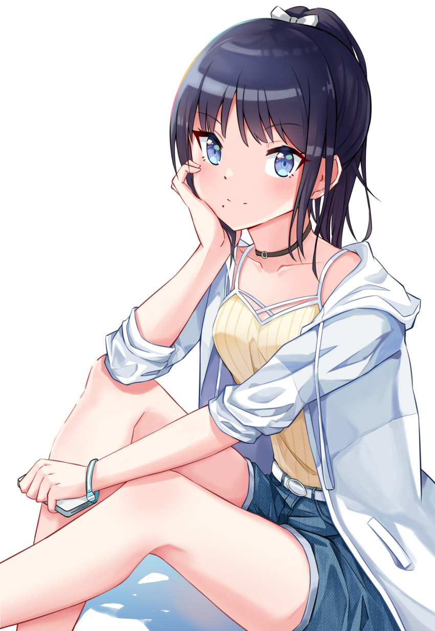 1girl belt black_choker black_hair blue_eyes blue_shorts blush bow breasts camisole cellphone choker closed_mouth collarbone dot_nose elbow_on_knee from_side hair_bow hair_ribbon hand_on_own_face highres holding holding_phone hood hood_down hoodie idolmaster idolmaster_shiny_colors jadeqilin kazano_hiori knees_up long_hair long_sleeves looking_at_viewer mole mole_under_mouth open_clothes open_hoodie phone ponytail ribbon shorts simple_background sitting small_breasts smartphone smile solo striped_camisole watch watch white_background white_belt white_hoodie white_ribbon yellow_camisole