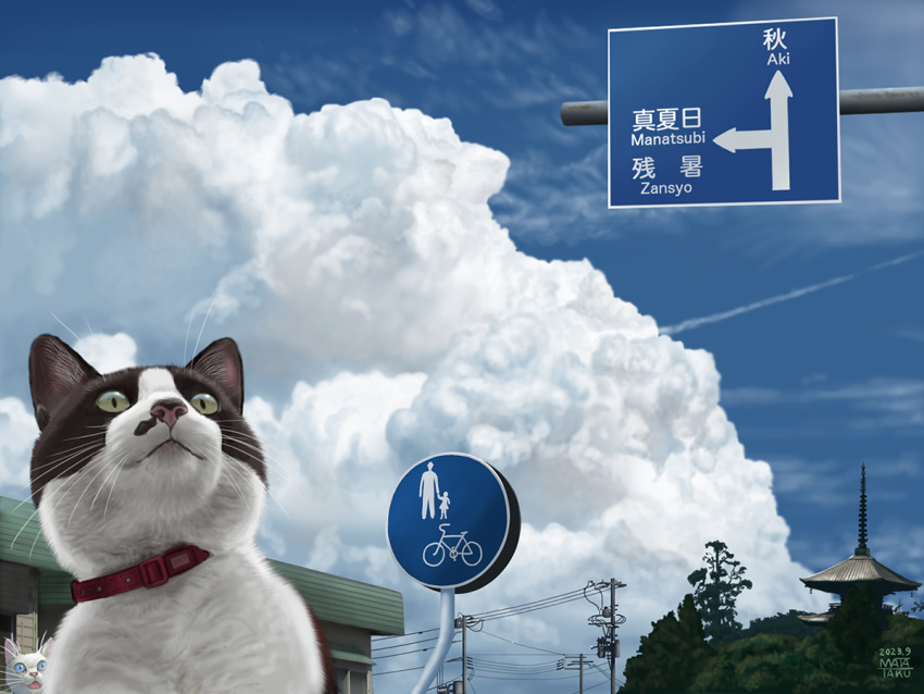 blue_sky building cat clouds cloudy_sky dated day matataku no_humans original outdoors plant sign sky surprised_cat_(matataku)