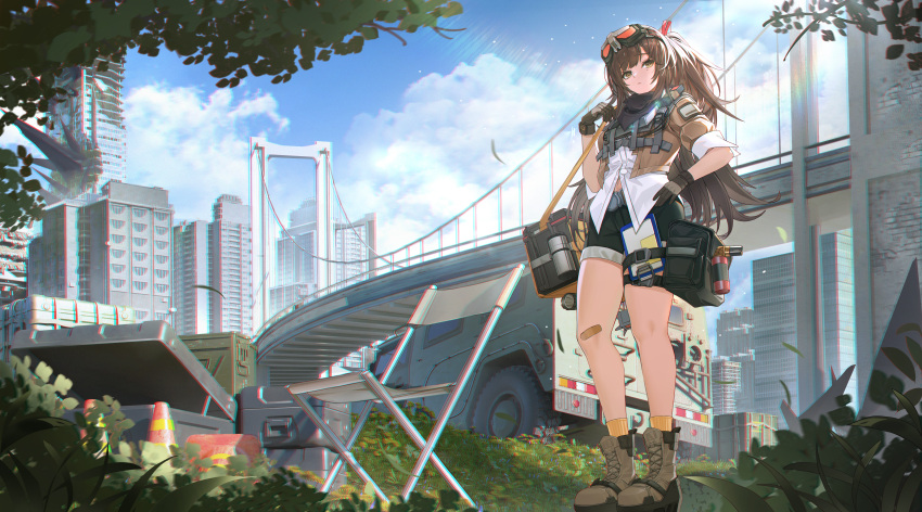 1girl absurdres bag bandaid bandaid_on_knee bandaid_on_leg black_shorts boots box bridge brown_footwear brown_hair building car clouds cloudy_sky commission full_body girls'_frontline_2:_exilium girls_frontline gloves goggles goggles_on_head hand_on_own_hip highres lan_liyu_renzi lens_flare long_hair mayling_shen_(girls'_frontline_2) motor_vehicle second-party_source shorts sky solo traffic_cone