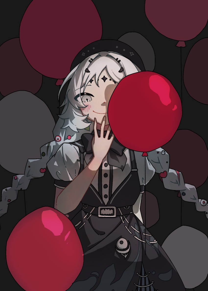 1girl balloon balloon_party black_background black_bow black_bowtie black_skirt blush bow bowtie braid closed_mouth covering_one_eye facial_mark forehead_mark grey_eyes hand_to_own_mouth hand_up highres ling_(ling00726) long_hair looking_at_viewer low_twin_braids overall_skirt puffy_short_sleeves puffy_sleeves reverse:1999 shirt short_sleeves skirt smile solo sparkle_facial_mark too_many_balloons twin_braids upper_body white_hair white_shirt