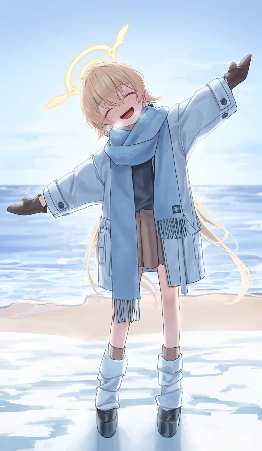 1girl ^_^ absurdres alternate_costume beach black_footwear black_shirt blue_archive blue_scarf blurry blurry_background blush brown_mittens casual closed_eyes coat dark_skin full_body halo head_tilt hifumi_(blue_archive) highres horizon light_brown_hair long_hair loose_socks mansu_(user_pnmp4287) mittens open_clothes open_coat outdoors outstretched_arms platform_footwear scarf shirt smile snow socks solo teeth twintails upper_teeth_only very_long_hair white_coat white_socks