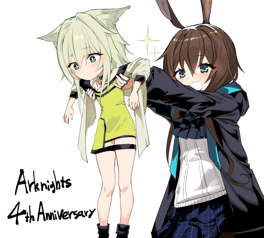 2girls absurdres aged_down amiya_(arknights) animal_ears arknights ascot blue_eyes brown_hair cat_ears choker dress english_text green_dress green_eyes green_hair hair_between_eyes hair_intakes highres hood hood_down hooded_jacket jacket jewelry kal'tsit_(arknights) kinbakuman lifting_person long_sleeves multiple_girls multiple_rings open_clothes open_jacket open_mouth pleated_skirt rabbit_ears ring skirt smile sparkle white_background