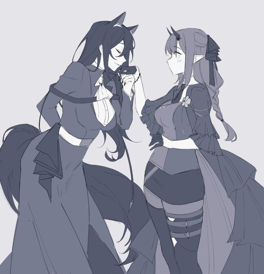 2girls absurdres animal_ears arknights ascot avi_(baltika_seven) blush braid breasts cape closed_eyes demon_horns dress extra_ears feet_out_of_frame gertrude_strollo_(arknights) gloves greyscale half_gloves hibiscus_(arknights) hibiscus_the_purifier_(arknights) highres holding_hands horns large_breasts long_hair looking_at_another medium_breasts monochrome multiple_girls nail_polish necktie pointy_ears skirt smile standing tail thigh-highs wolf_ears wolf_girl wolf_tail yuri