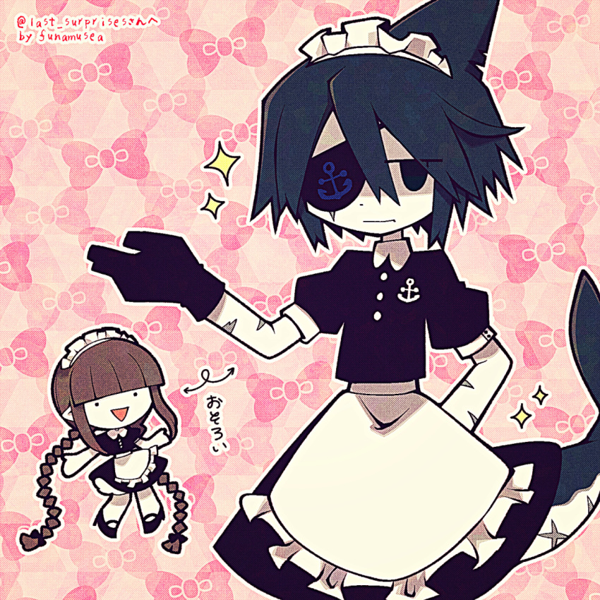 1boy 1girl anchor_symbol artist_name blue_bow blue_eyes blue_hair bow braid brown_hair chibi colored_skin commission commissioner_name crossdressing eyepatch fins fish_tail funamusea funamusea_(artist) gloves hair_bow headdress highres maid maid_headdress mob_face multiple_scars official_art oounabara_to_wadanohara pink_background pointy_ears scar shark_boy shark_fin shark_tail short_sleeves skeb_commission tail wadanohara white_skin