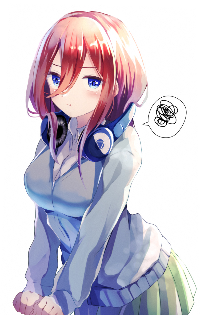 1girl :t blue_eyes blush breasts brown_hair cardigan collared_shirt frown go-toubun_no_hanayome headphones headphones_around_neck highres large_breasts long_hair long_sleeves looking_at_viewer mani_(second-dimension) nakano_miku pleated_skirt shirt skirt solo spoken_squiggle squiggle