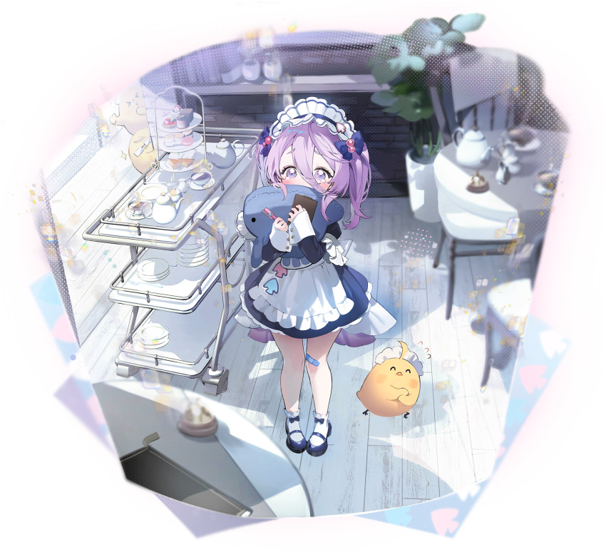 1girl apron azur_lane bandaid bandaid_on_knee bandaid_on_leg black_footwear blue_footwear cake cup dress flasher_(azur_lane) flasher_(tearjerking_service)_(azur_lane) food from_above full_body hair_between_eyes highres holding holding_pen holding_stuffed_toy indoors juliet_sleeves long_bangs long_hair long_sleeves looking_at_viewer maid maid_headdress manjuu_(azur_lane) menu namyo non-web_source official_alternate_costume official_art pen plant plate potted_plant puffy_sleeves purple_hair short_dress socks solo standing star_(symbol) stuffed_animal stuffed_fish stuffed_toy table teapot tearing_up tiered_tray transparent_background twintails violet_eyes white_apron white_socks
