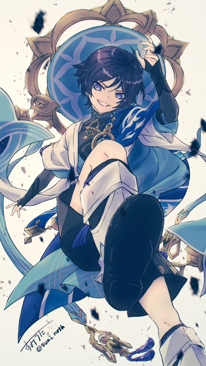 1boy absurdres artist_name genshin_impact hat highres incoming_attack japanese_clothes jingasa looking_at_viewer male_focus purple_hair scaramouche_(genshin_impact) short_hair simple_background smile solo sumi_noth teeth violet_eyes wanderer_(genshin_impact) white_background