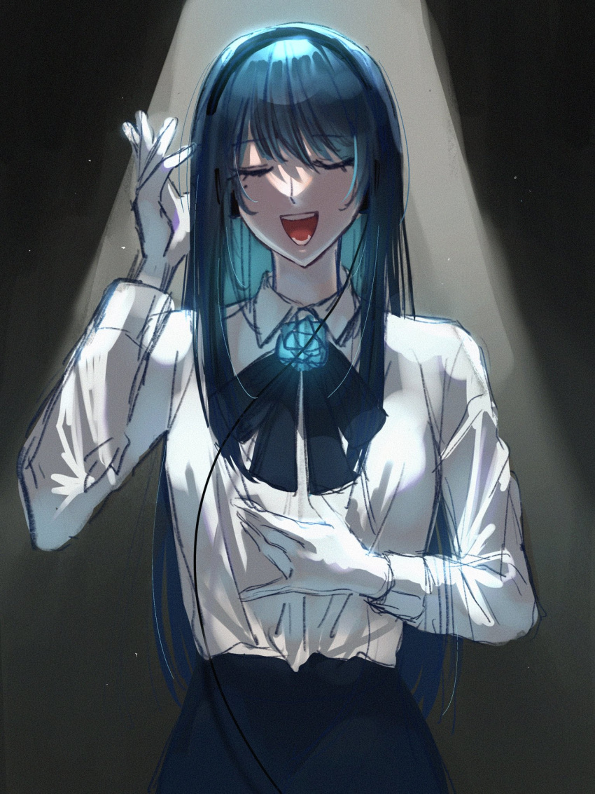 1girl ado_(utaite) black_bow black_bowtie blue_flower blue_hair blue_rose bow bowtie chando_(ado) closed_eyes cloud_nine_inc collared_shirt colored_inner_hair commentary cowboy_shot dress_shirt flower flower_brooch gloves hand_on_own_stomach headphones highres light_particles long_sleeves mole mole_under_eye multicolored_hair open_mouth rose shirt solo spica_(spica5f9ea0) spotlight teeth two-tone_hair utaite white_gloves white_shirt