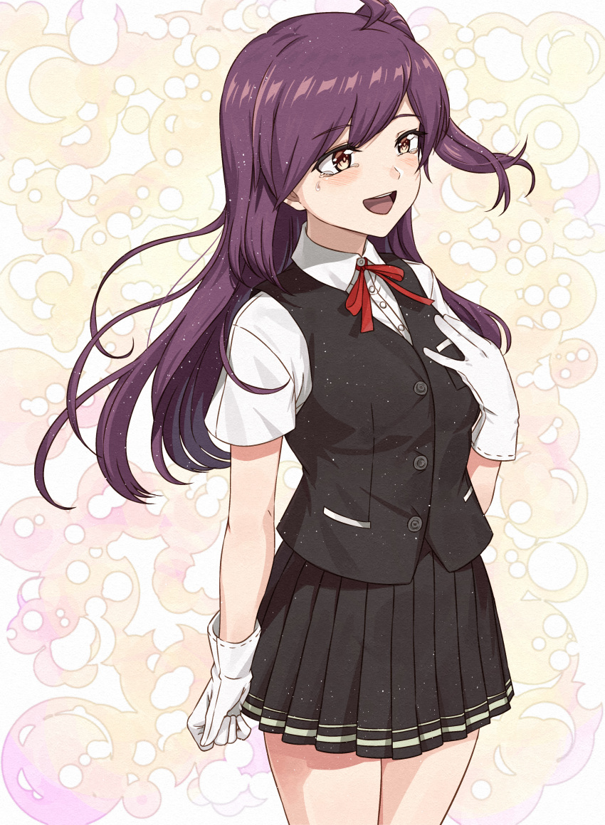 1girl absurdres black_skirt black_vest blush brown_eyes buttons collared_shirt commission cowboy_shot crying crying_with_eyes_open gloves hagikaze_(kancolle) happy_tears highres kanmiya_shinobu kantai_collection long_hair neck_ribbon one_side_up open_mouth pleated_skirt purple_hair red_ribbon ribbon shirt short_sleeves skeb_commission skirt smile solo tears vest white_gloves white_shirt