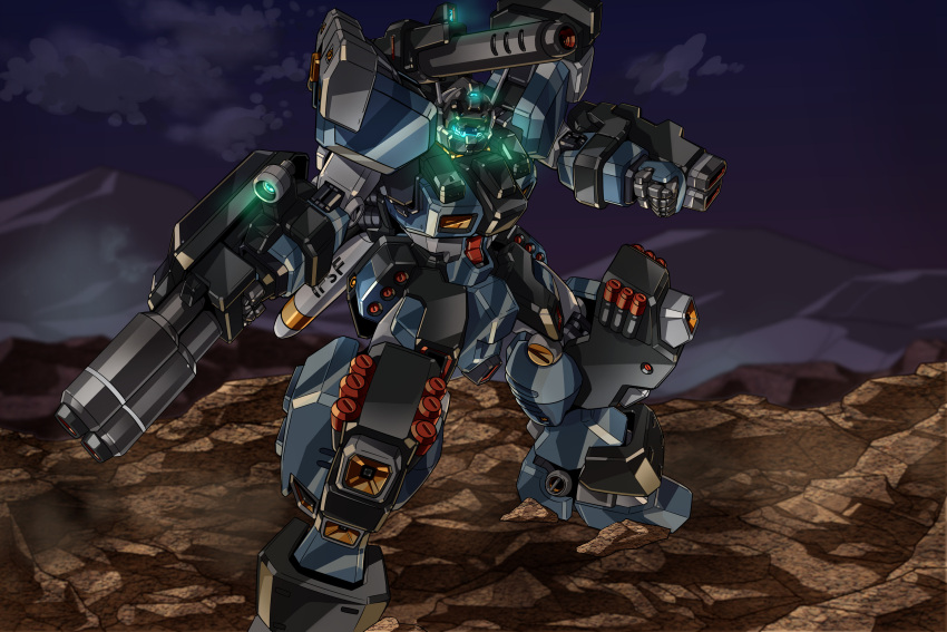 absurdres arm_blade arm_cannon beam_cannon concept_art energy_gun english_commentary gao_ex_kaiser glint glowing gm_iii gundam gundam_zz highres mecha missile missile_pod mobile_suit no_humans robot science_fiction shoulder_cannon weapon