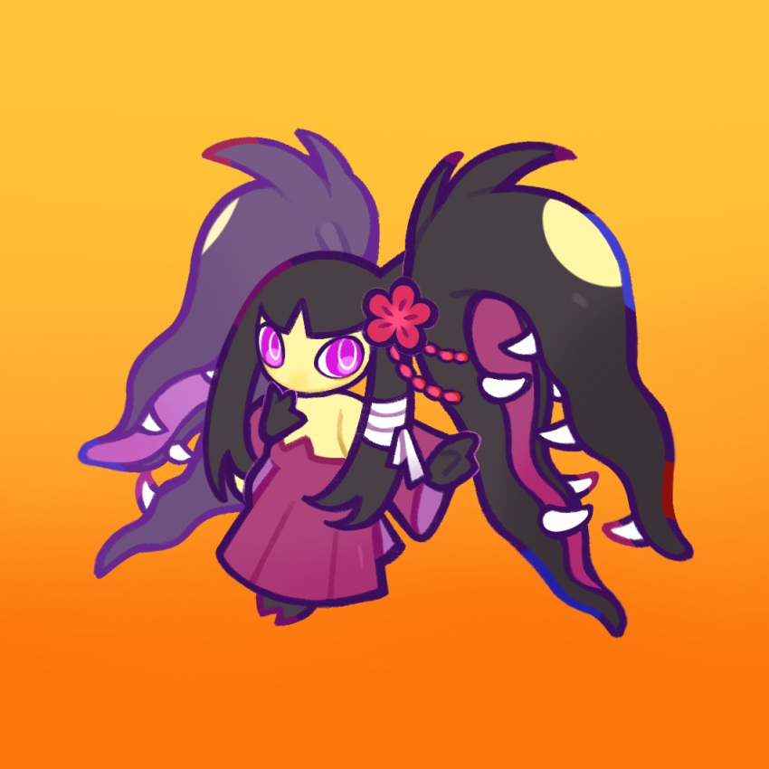 commentary_request dian_(nanooo_i) flower gradient_background looking_at_viewer mawile mega_mawile no_humans orange_background outstretched_arm pink_flower pokemon pokemon_(creature) purple_pupils solo violet_eyes