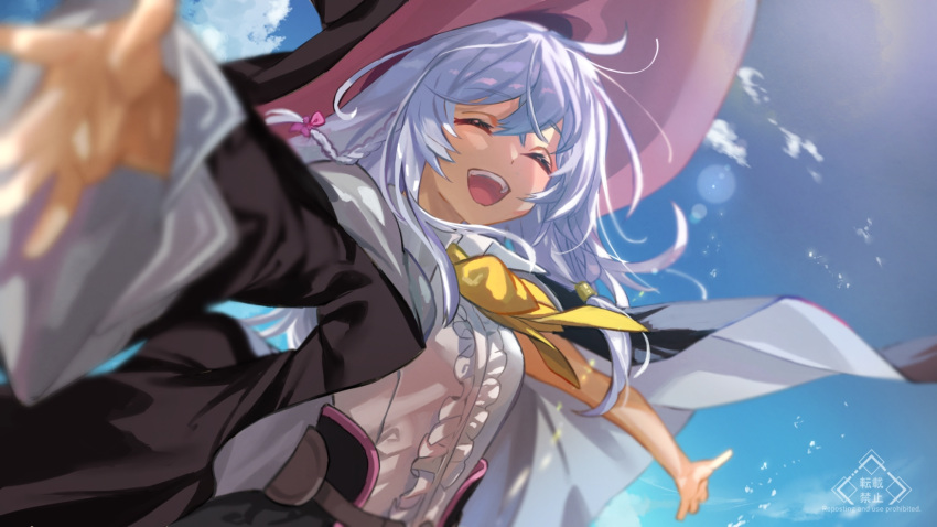 1girl blurry blurry_foreground bow bowtie braid center_frills closed_eyes collared_shirt day elaina_(majo_no_tabitabi) frills hair_bow hat highres jacket long_sleeves majo_no_tabitabi n-bata open_mouth outstretched_arms shirt sky smile solo white_hair witch witch_hat