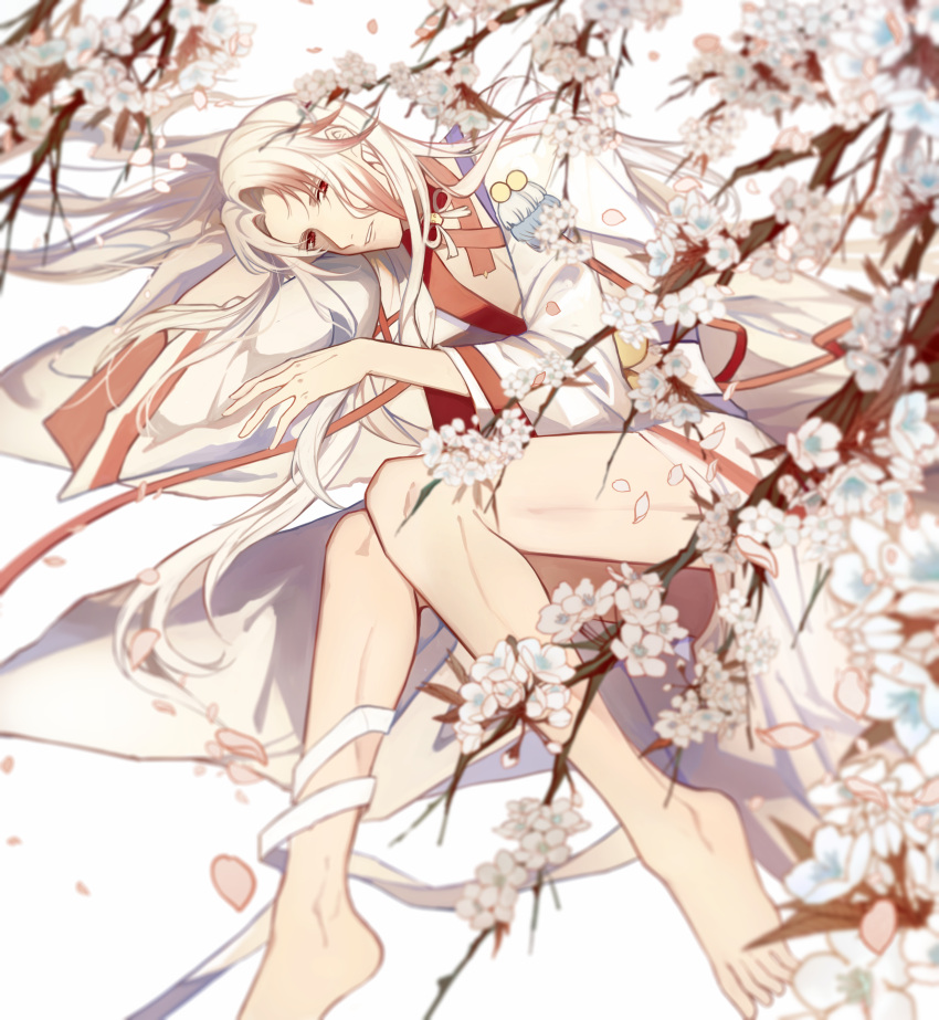 1boy absurdres bare_legs barefoot branch cherry_blossoms chinese_clothes choker curtained_hair falling_petals feet flower full_body hair_ribbon highres knees_together_feet_apart kocona legs long_hair lying male_focus meng_po_tea_(the_tale_of_food) multicolored_hair on_side open_clothes open_robe parted_bangs parted_lips pectoral_cleavage pectorals petals pink_flower red_choker red_eyes red_ribbon redhead ribbon robe sideways_glance solo streaked_hair tassel the_tale_of_food toes tress_ribbon white_background white_hair white_robe wide_sleeves
