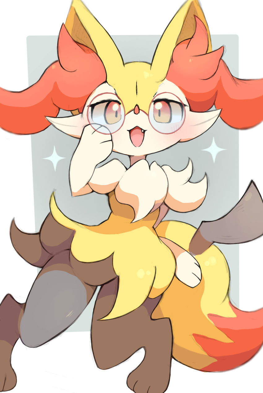 1girl :3 absurdres animal_ear_fluff animal_ears animal_feet animal_hands animal_nose arm_at_side black_fur blush body_fur border braixen commentary_request fang fox_ears fox_girl fox_tail full_body furry furry_female glasses grey_background hand_on_own_cheek hand_on_own_face hand_up happy highres looking_at_viewer multicolored_fur neck_fur open_mouth outside_border pince-nez pokemon pokemon_(creature) red-framed_eyewear red_eyes round_eyewear samenoha_(salmon_no_kaori) simple_background smile snout solo standing stick tail thighs white_border white_fur yellow_fur