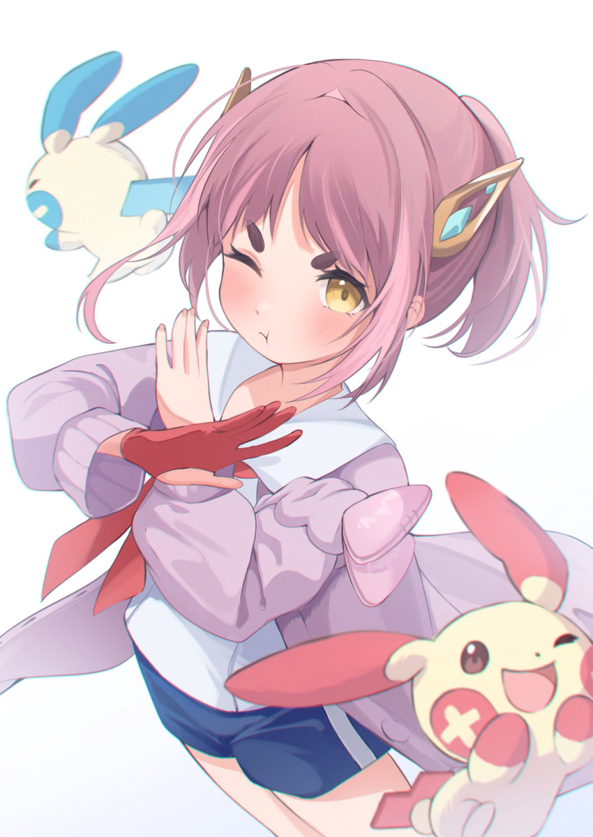 1girl ;d ;t absurdres blue_shorts collared_shirt eat_some_cookie gloves hair_ornament highres jacket lacey_(pokemon) long_sleeves looking_at_viewer minun one_eye_closed partially_fingerless_gloves pink_hair plusle pokemon pokemon_(creature) pokemon_sv shirt shorts single_glove smile solo x_arms yellow_eyes