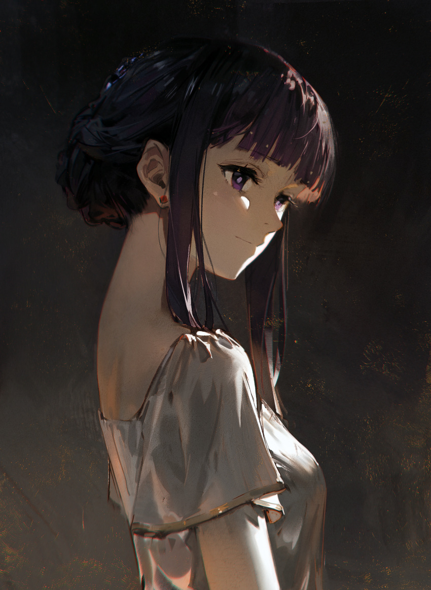1girl absurdres alternate_hairstyle blunt_bangs braid braided_bun commentary dino_(dinoartforame) dress earrings english_commentary fern_(sousou_no_frieren) hair_bun highres jewelry long_hair purple_hair sidelocks simple_background solo sousou_no_frieren violet_eyes white_dress