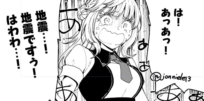 1girl blunt_bangs commentary_request dress greyscale hair_bun kantai_collection masukuza_j mmonochrome monochrome necktie ranger_(kancolle) smile solo speed_lines tears translation_request twitter_username upper_body