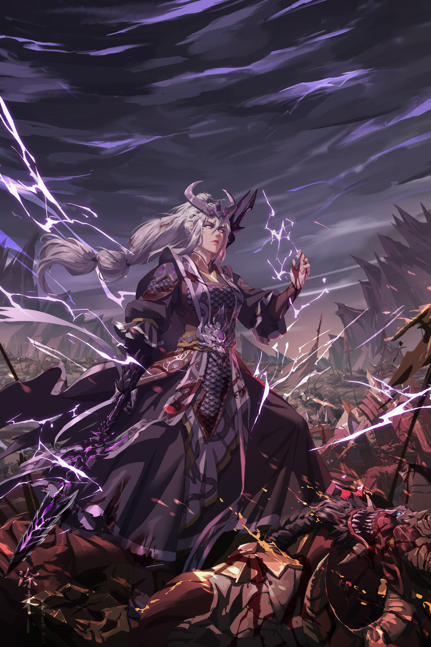 1girl absurdres battlefield blood blood_on_clothes blood_on_hands electricity fantasy headpiece highres holding holding_polearm holding_weapon long_hair miao_ying overcast polearm ponytail sky spear storm tuweibu violet_eyes warhammer_fantasy weapon white_hair