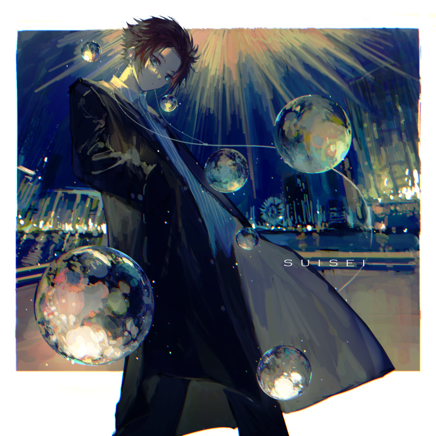 1boy black_pants blue_eyes blue_lock border building city_lights cityscape coat collared_shirt ferris_wheel from_side hand_in_pocket headphones highres itoshi_sae leaning_back light light_reflection_(water) looking_down male_focus night night_sky pants pool redhead scenery shirt sky solo spiky_hair stairs standing striped striped_shirt vertical-striped_shirt vertical_stripes water white_border yukinoneko