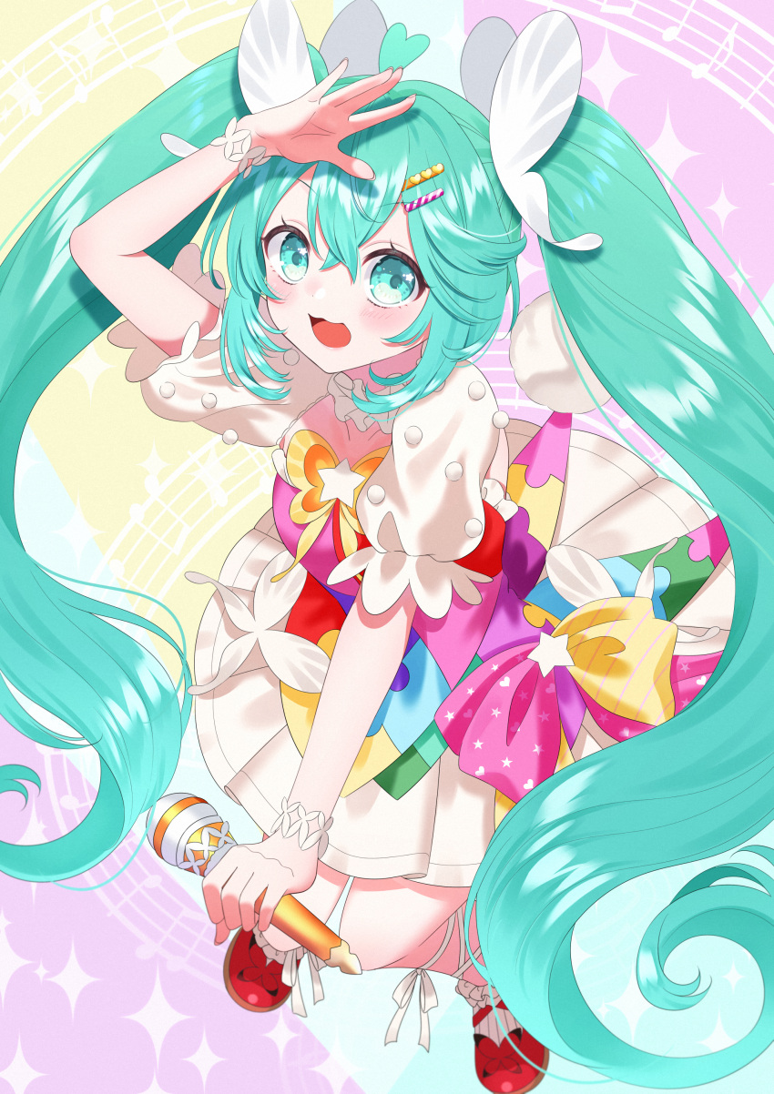 1girl :3 absurdres blue_eyes blue_hair blush bracelet dress footwear_ribbon full_body hair_ornament hairclip hand_up hatsune_miku highres holding holding_microphone jewelry long_hair looking_at_viewer microphone musical_note open_mouth pom_pom_(clothes) puzzle_piece_print rooibos short_sleeves smile solo staff_(music) twintails very_long_hair vocaloid
