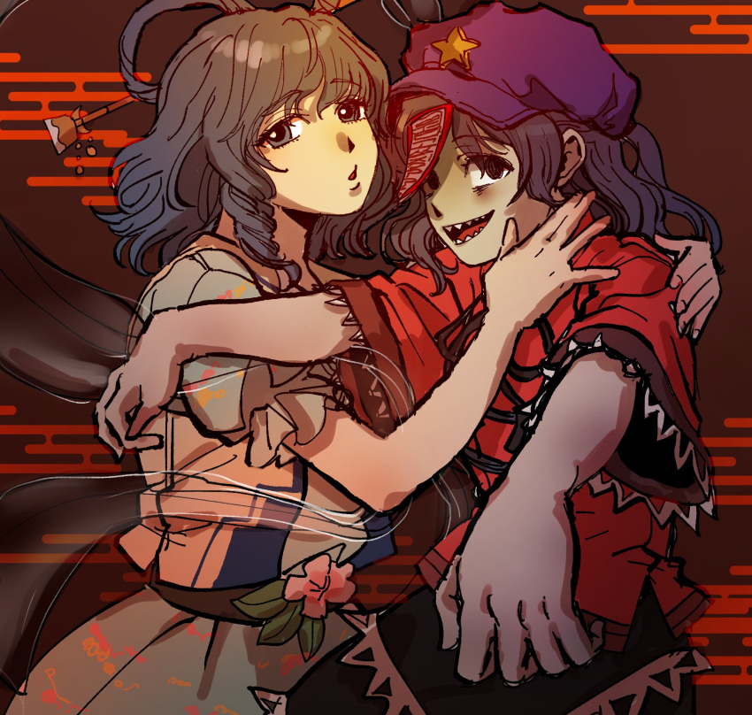 2girls bags_under_eyes black_eyes black_hair black_ribbon blue_dress brown_background cabbie_hat chinese_clothes collared_vest commentary cowboy_shot dress egasumi fingernails grey_eyes grey_hair hagoromo hair_ornament hair_rings hair_stick hand_on_another's_shoulder hat hat_ornament highres jiangshi kaku_seiga kuya_(hey36253625) lace-trimmed_sleeves lace_trim looking_at_viewer medium_bangs medium_hair miyako_yoshika multiple_girls neck_ribbon ofuda open_clothes open_mouth open_vest outstretched_arms pale_skin purple_headwear red_shirt ribbon sharp_teeth shawl shirt short_sleeves smile star_(symbol) star_hat_ornament tangzhuang teeth touhou vest white_vest wide_sleeves zombie_pose