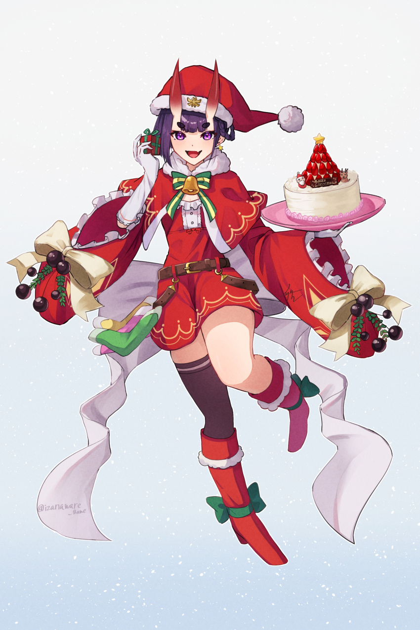 1girl absurdres bell belt boots cake capelet christmas earrings fang fate/grand_order fate_(series) food gift gloves gradient_background hat highres horns izanaware_game jewelry oni_horns purple_hair red_capelet red_shorts santa_costume santa_hat shorts shuten_douji_(fate) single_thighhigh star_(symbol) star_earrings thigh-highs tray twitter_username violet_eyes white_gloves wide_sleeves