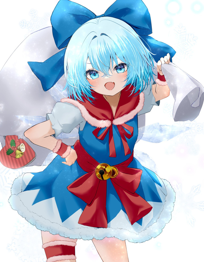 1girl blue_bow blue_dress blue_eyes blue_hair bow cape christmas cirno dress fur-trimmed_dress fur_trim hair_bow highres ice ice_wings large_bow mikan_(manmarumikan) red_bow red_cape snowflakes solo touhou white_background wings