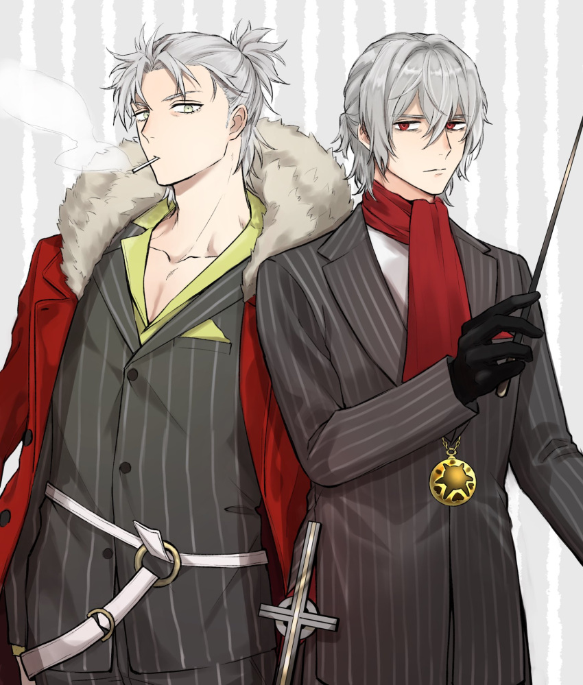 2boys antonio_salieri_(fate) baton_(conducting) black_gloves cigarette coat commentary_request fate/grand_order fate_(series) fur-trimmed_coat fur_trim gloves green_shirt grey_eyes highres holding_baton itokon300 jewelry looking_at_viewer male_focus multiple_boys necklace pectoral_cleavage pectorals pinstripe_pattern pinstripe_suit pocket_square red_coat red_eyes red_scarf scarf shirt smoke smoking striped striped_background suit takeda_shingen_(fate) upper_body white_hair