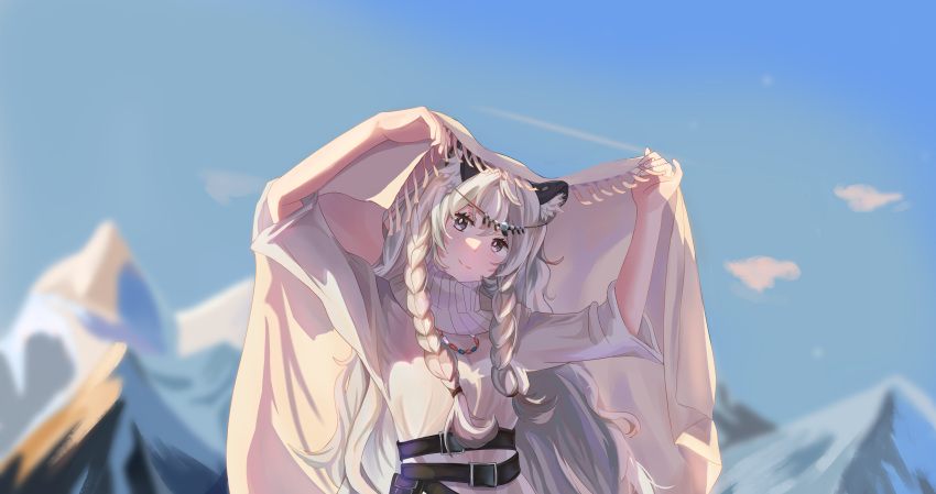 1girl absurdres animal_ear_fluff animal_ears arknights arms_up blanket blue_sky blush braid bright_pupils day grey_eyes grey_hair head_tilt highres holding holding_blanket jewelry leopard_ears leopard_girl long_hair looking_at_viewer mountain necklace outdoors pramanix_(arknights) side_braids sky smile solo split_mouth sweater tiara turtleneck turtleneck_sweater upper_body very_long_hair white_pupils white_sweater ying_wei_jin_inexistenec