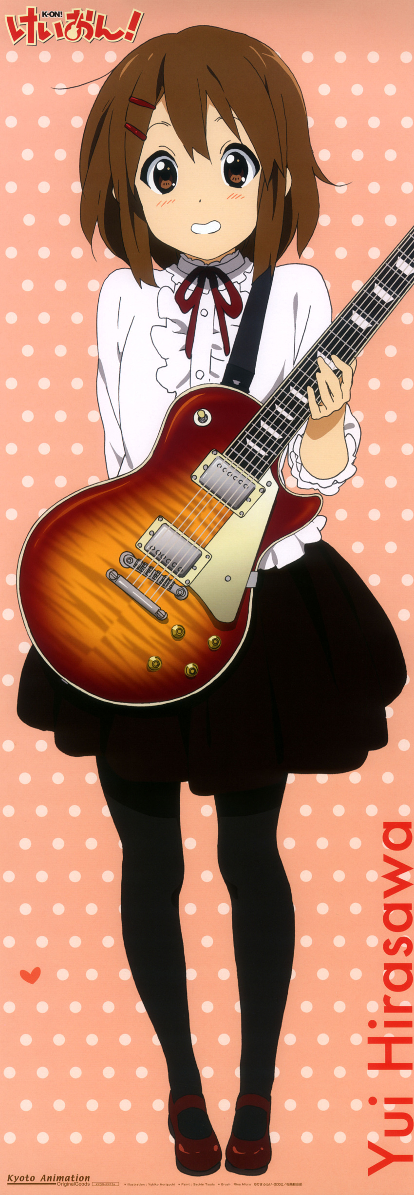 brown_eyes brown_hair fuwafuwa_time grin guitar highres hirasawa_yui horiguchi_yukiko instrument k-on! legs long_image pantyhose short_hair smile solo stick_poster tall_image