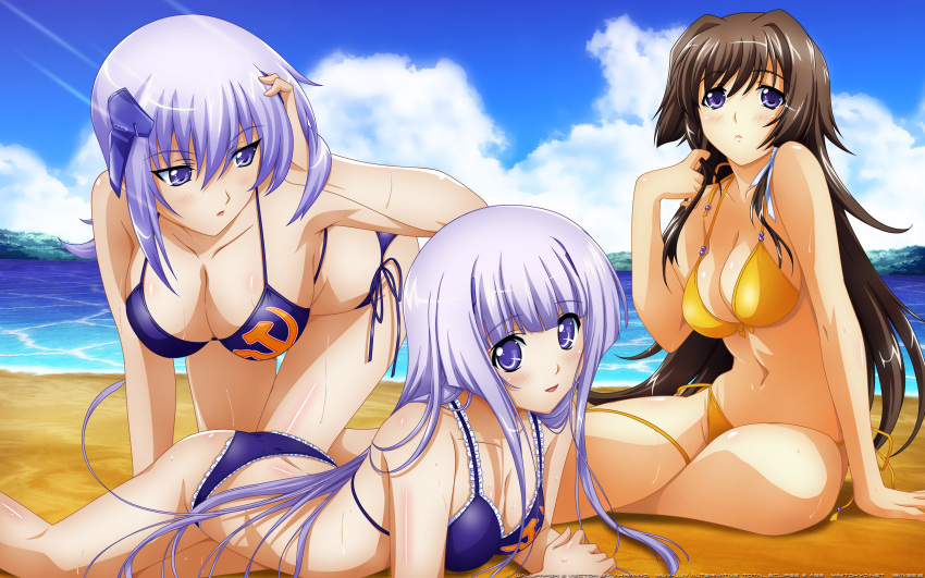 3girls adjusting_hair arm_support beach bikini blue_eyes blue_hair breasts brown_hair cleavage clouds commentary cryska_barchenowa derivative_work frilled_bikini frills frown hammer_and_sickle hanging_breasts highres inia_sestina large_breasts leaning_forward legs long_hair miyata_sou multiple_girls muvluv muvluv_alternative muvluv_total_eclipse navel ocean official_art on_stomach photoshop scan side-tie_bikini sitting sky strap_gap swimsuit takamura_yui thigh_gap thighs vector_trace very_long_hair yellow_bikini