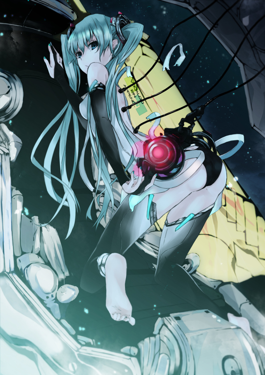 absurdres aqua_eyes aqua_hair ass barefoot bridal_gauntlets cable feet from_behind hatsune_miku hatsune_miku_(append) highres kneeling long_hair looking_back miku_append mirre solo thigh-highs thighhighs twintails very_long_hair vocaloid vocaloid_append