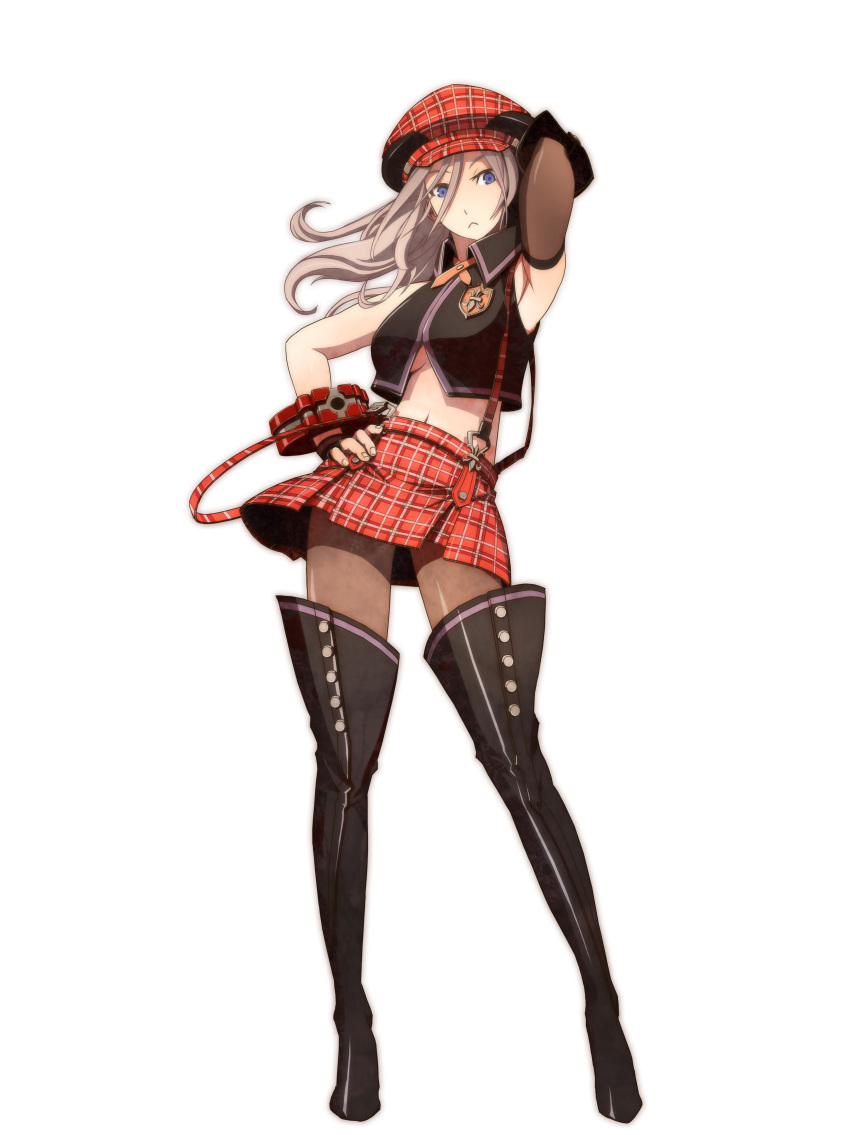 absurdres alisa_ilinichina_amiella arisa_iriinchina_amieera blue_eyes boots breasts brown_hair cabbie_hat elbow_gloves fingerless_gloves gloves god_eater god_eater_burst hand_on_hip hat highres long_hair midriff navel official_art pantyhose plaid plaid_skirt simple_background skirt solo suspenders tartan taupe_pantyhose thigh_boots thighhighs under_boob underboob