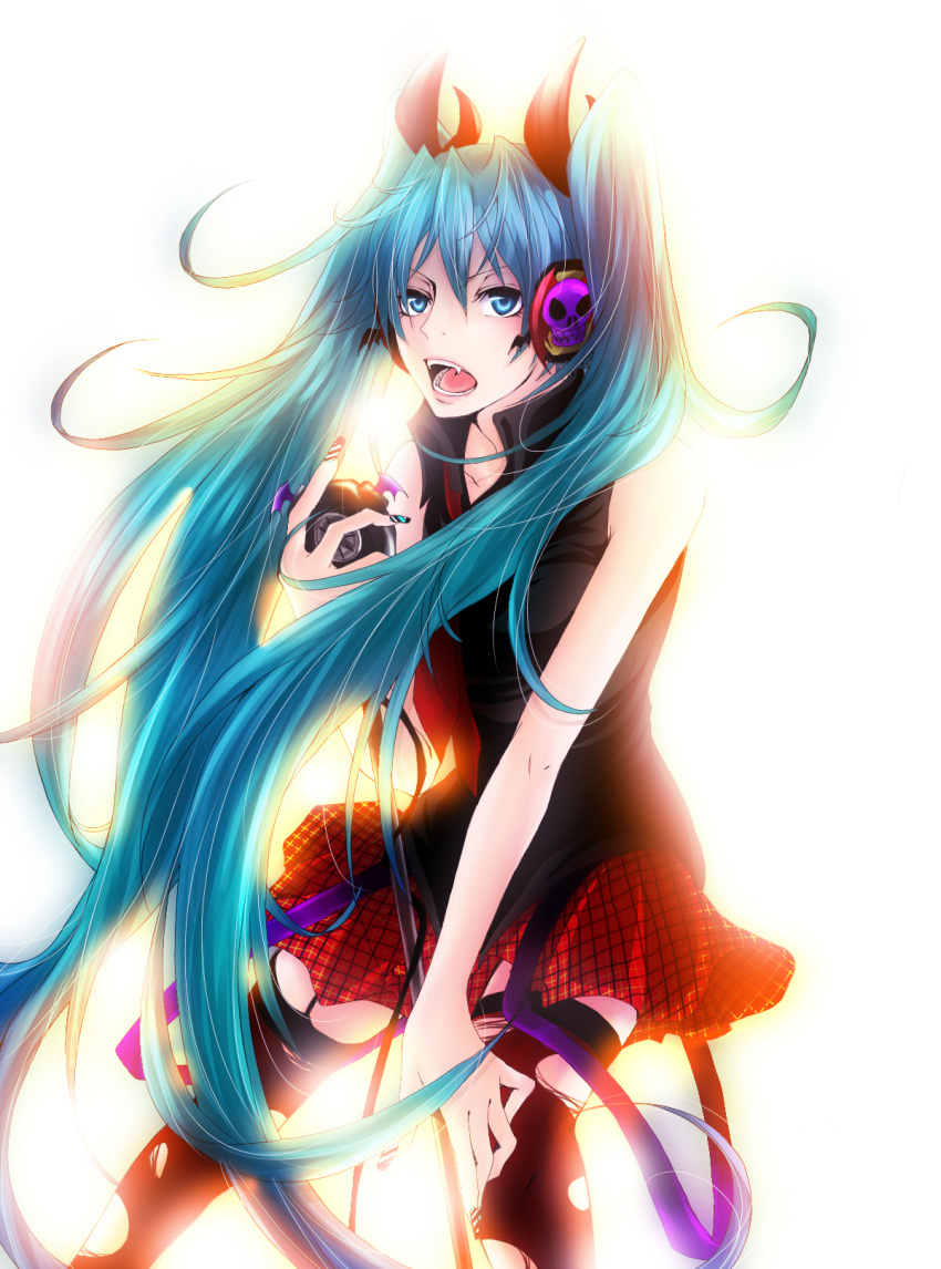 aqua_eyes aqua_hair detached_sleeves fang hatsune_miku headphones highres long_hair microphone microphone_stand nail_polish open_mouth ryoko_(pixiv) skirt skull solo thigh-highs thighhighs twintails very_long_hair vocaloid zettai_ryouiki