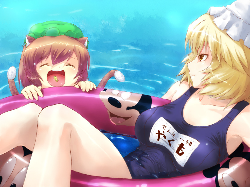 animal_ears bare_shoulders blonde_hair breasts brown_eyes brown_hair cat_ears cat_tail chen closed_eyes disney fish hat innertube kuku_px large_breasts lying mickey_mouse multiple_girls on_back open_mouth school_uniform short_hair smile tail touhou water yakumo_ran