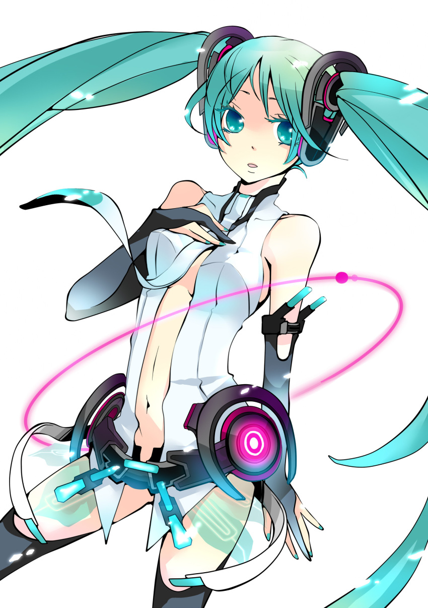 absurdres aqua_eyes aqua_hair bridal_gauntlets hand_on_chest hand_on_own_chest hatsune_miku hatsune_miku_(append) highres inami_eno long_hair miku_append nail_polish navel necktie open_mouth simple_background solo thigh-highs thighhighs twintails very_long_hair vocaloid vocaloid_append