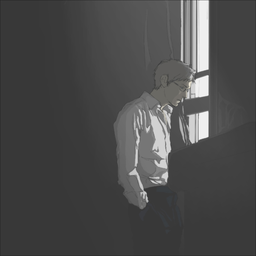 artist_request axis_powers_hetalia curtains f_(zxc0000) glasses grey hand_in_pocket highres male serious shadow solo standing sweden_(hetalia) window