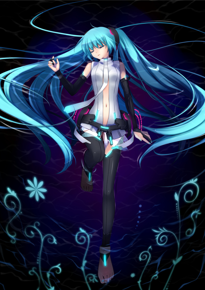 absurdres aqua_hair barefoot bridal_gauntlets closed_eyes flower glowing hatsune_miku hatsune_miku_(append) highres long_hair lying miku_append nail_polish nana_mikoto navel neon_trim solo thigh-highs thighhighs twintails very_long_hair vocaloid vocaloid_append water