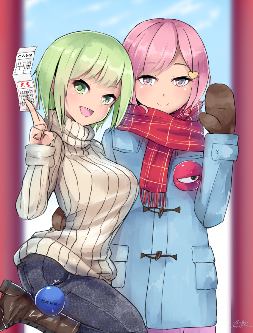 2girls :d absurdres alternate_costume arm_up bangs between_fingers blue_coat blue_sky boots breasts brown_footwear brown_mittens clouds commentary_request contemporary cowboy_shot day denim duffel_coat folded_leg green_eyes green_hair hair_ornament hand_on_another's_back head_tilt heart heart_hair_ornament highres hiyashi_mikan holding holding_paper jeans komeiji_koishi komeiji_satori large_breasts long_sleeves looking_at_viewer mittens multiple_girls omikuji open_mouth outdoors pants paper pink_eyes pink_hair plaid plaid_scarf ribbed_sweater scarf short_hair siblings signature sisters sky smile standing standing_on_one_leg sweater swept_bangs third_eye touhou turtleneck turtleneck_sweater white_sweater